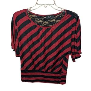 BCX Large Red and Black Striped Top with Lacy Back